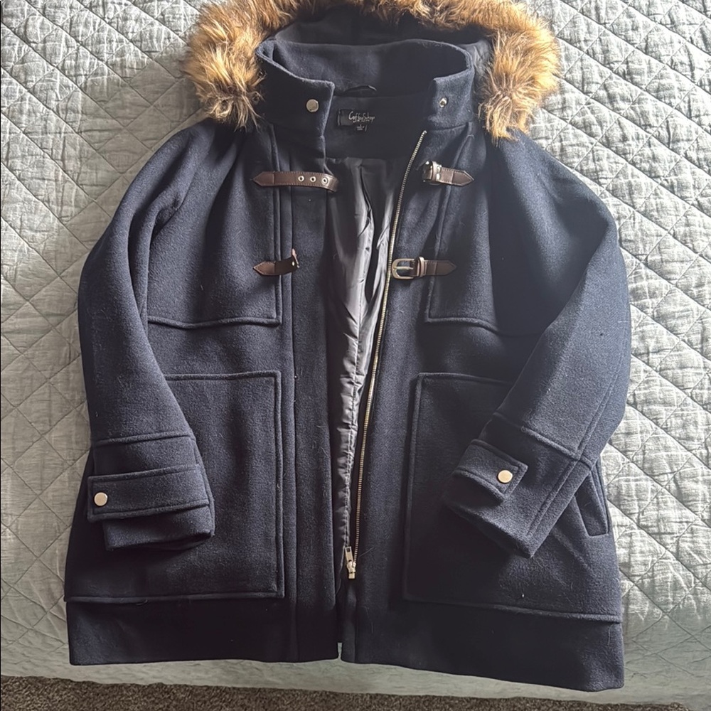 CoffeeShop New York Navy Coat with Faux Fur Hood
